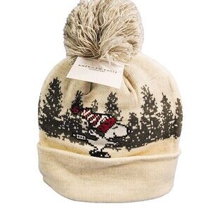 American Eagle Peanuts Snoopy White Hat Beanie Cuff Pom Pom NWT